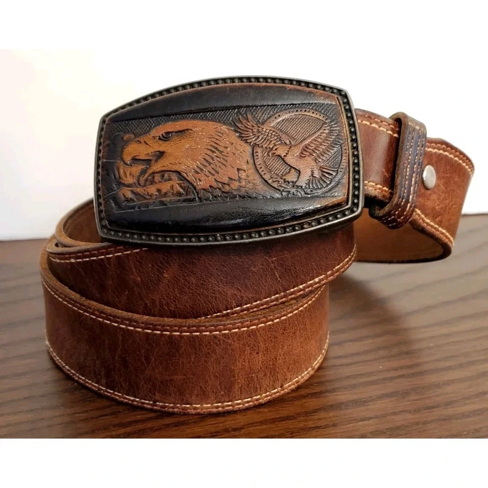 Vintage Leather Overlay Eagle Belt Buckle w/Full Grain Leather Belt 38-40